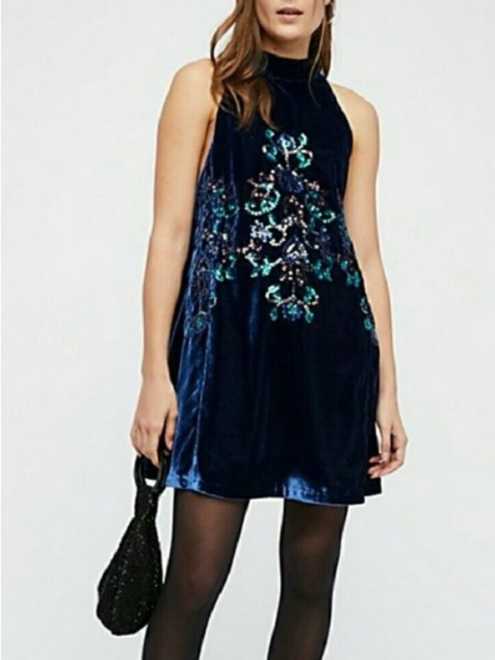 Free People Navy Velvet Embroidered Mini Dress
